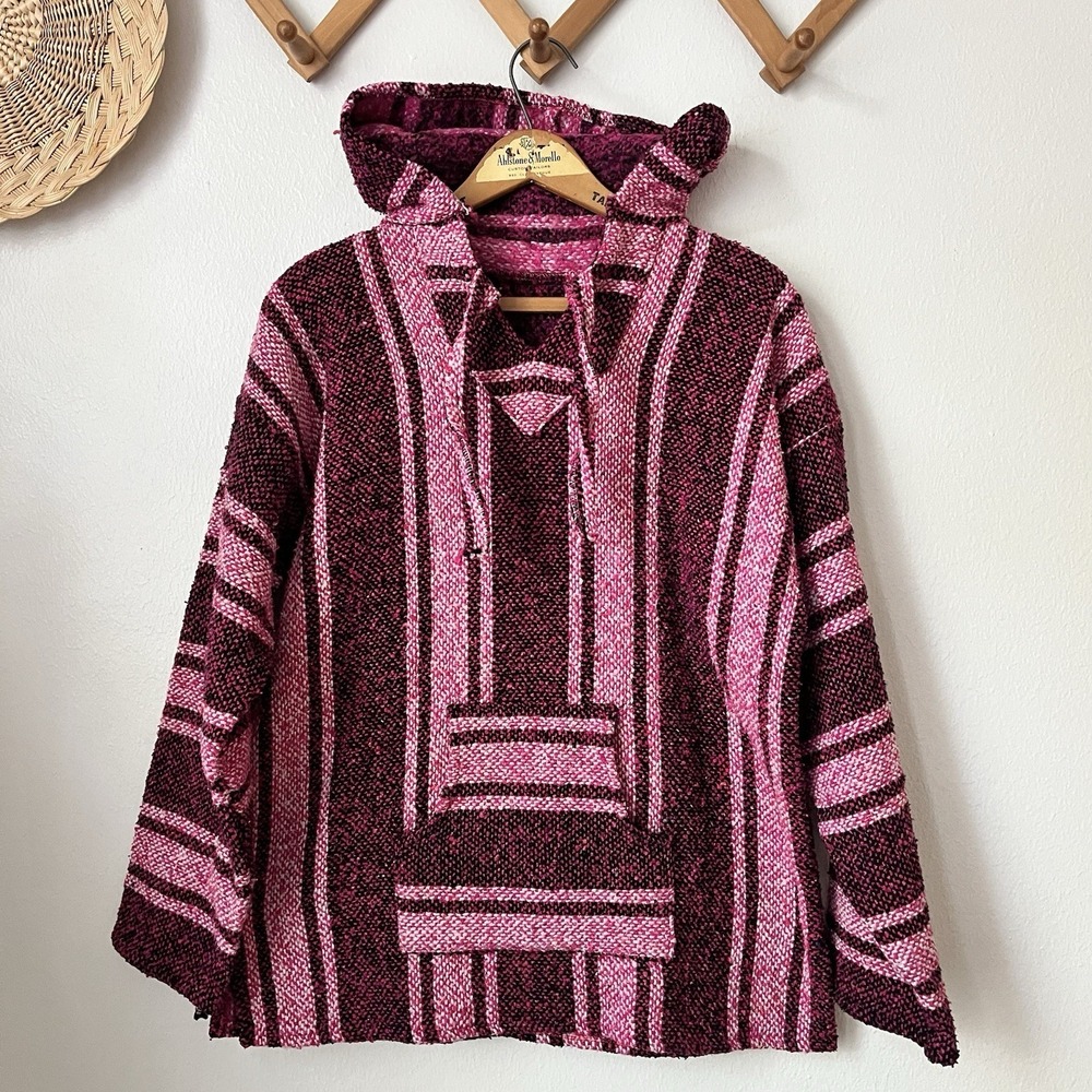 Dark pink stripe baja surf hoodie drug rug womens S/M hippie festival